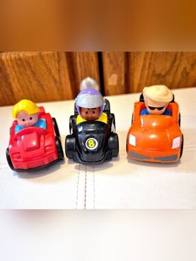Lot Of 3 Figures In Race Cars. Little People Good Pre-Owned Condition.